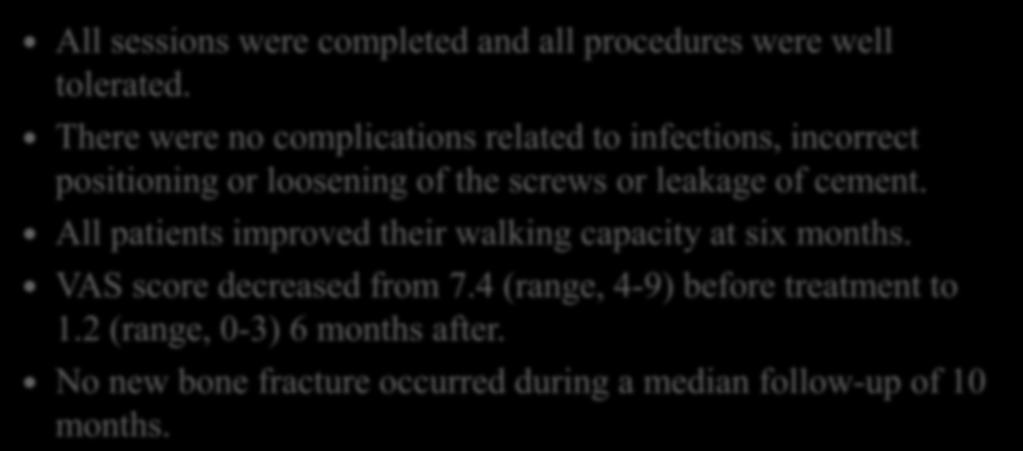 leakage of cement. All patients improved their walking capacity at six months. VAS score decreased from 7.