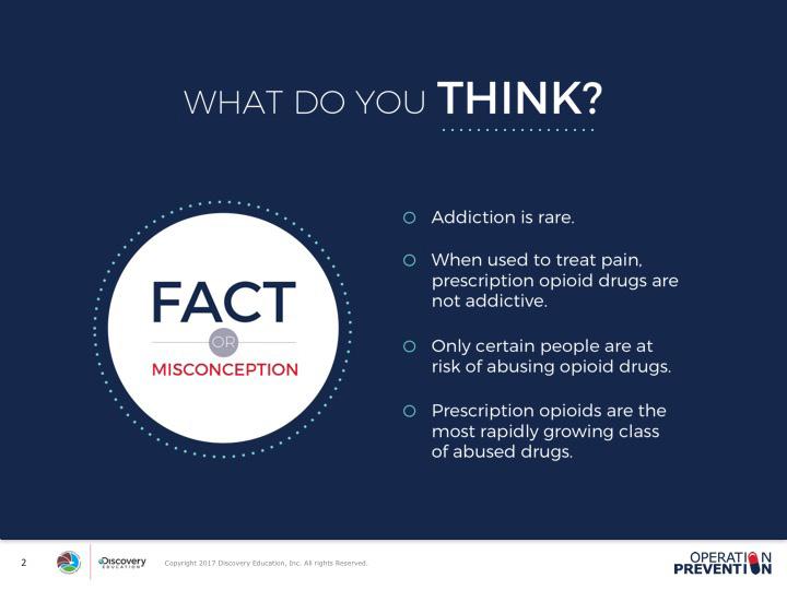ENGAGE SLIDES 2-3 Combine the small groups to form two large groups of students. Explain that there are many misconceptions about opioid misuse.