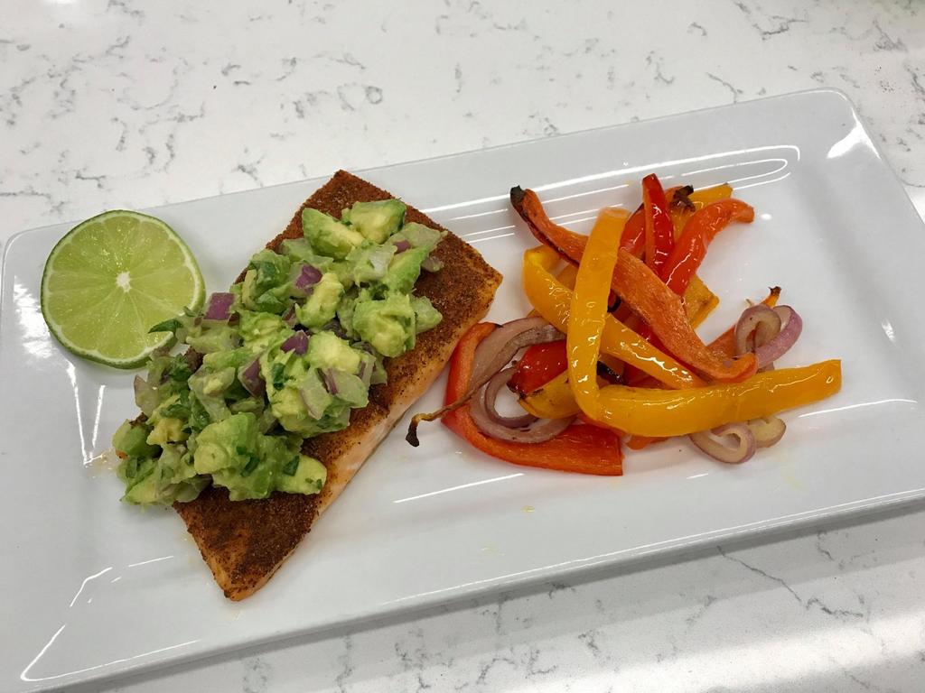 Grilled Salmon with Avocado Salsa & Roasted Bell Peppers red onion cilantro bell peppers salmon avocado lime Salmon is rich in omega-3 fatty acids EPA and DHA.