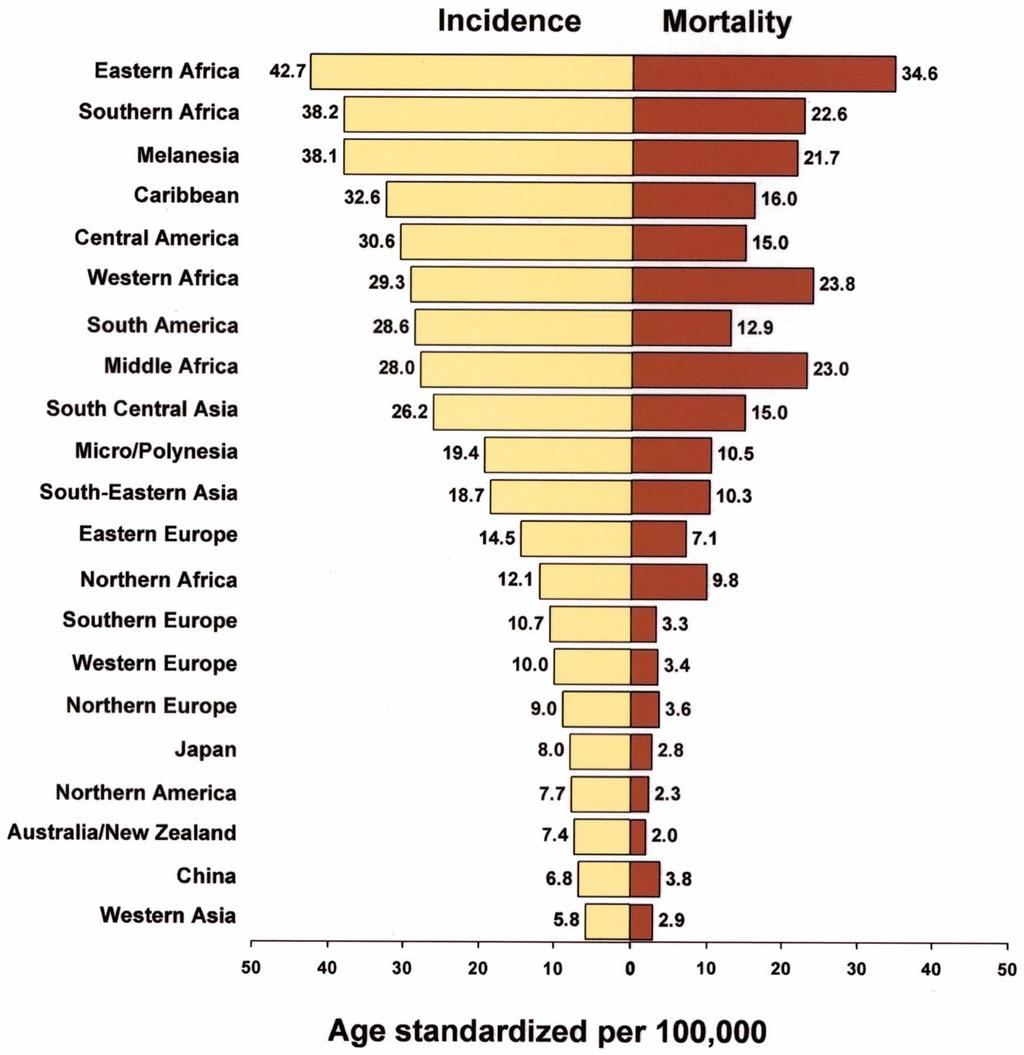 Age-standardized incidence and mortality rates for cervical cancer