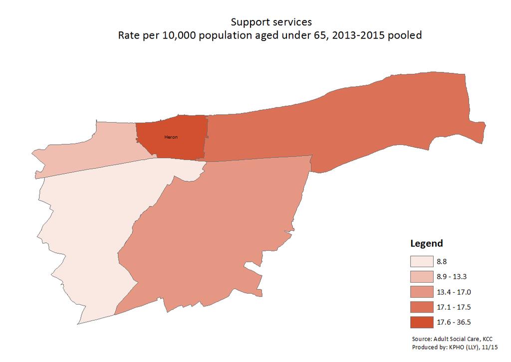 Herne bay has a significantly higher support services rate per 10,000 population aged under 65, at 19.7, compared to both Canterbury and Coastal CCG (10.7) and Kent (12.