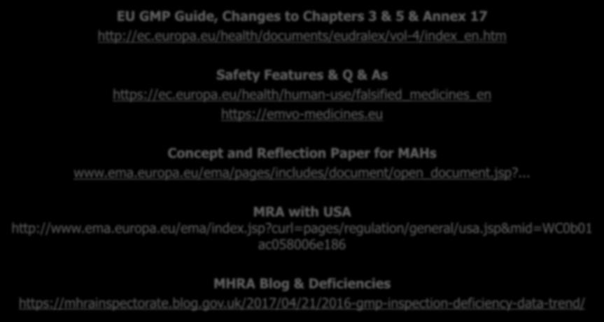 Useful links EU GMP Guide, Changes to Chapters 3 & 5 & Annex 17 http://ec.europa.eu/health/documents/eudralex/vol-4/index_en.htm Safety Features & Q & As https://ec.europa.eu/health/human-use/falsified_medicines_en https://emvo-medicines.