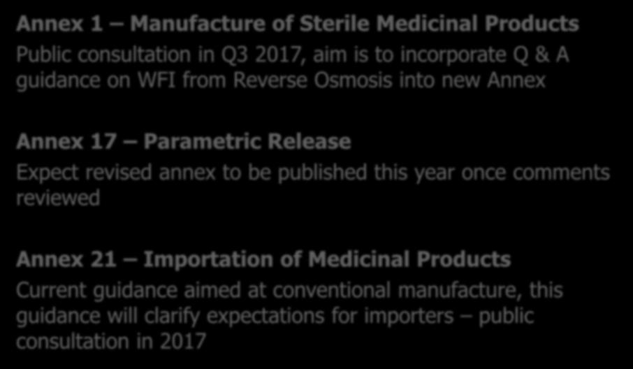 be published this year once comments reviewed Annex 21 Importation of Medicinal Products Current guidance aimed at