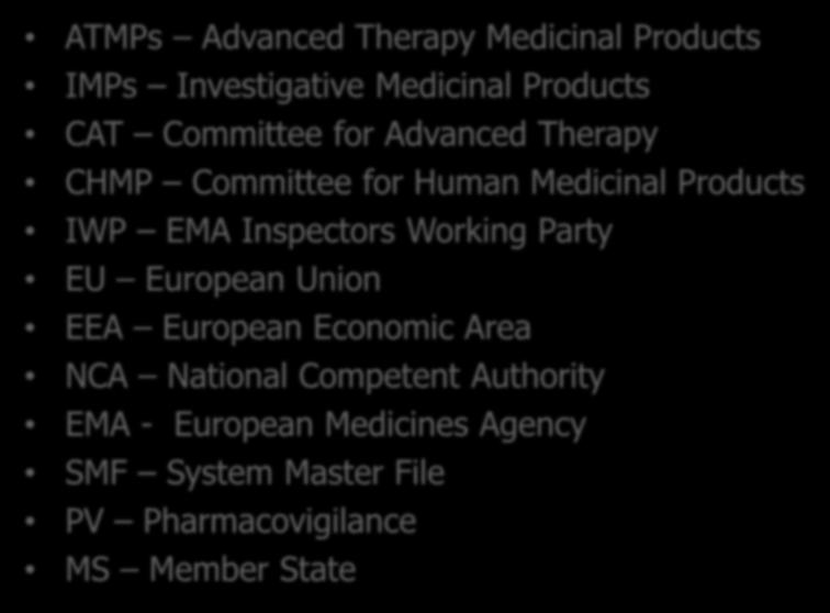 Glossary ATMPs Advanced Therapy Medicinal Products IMPs Investigative Medicinal Products CAT Committee for Advanced Therapy CHMP Committee for Human Medicinal Products IWP EMA Inspectors Working