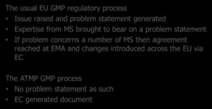 ATMPs and the EU GMP Regulatory Process The usual EU GMP regulatory process Issue raised and