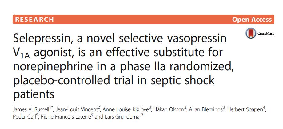 Use of V1a agonist in septic shock Selepressin Randomized, double blind, placebocontrolled multicenter trial Different