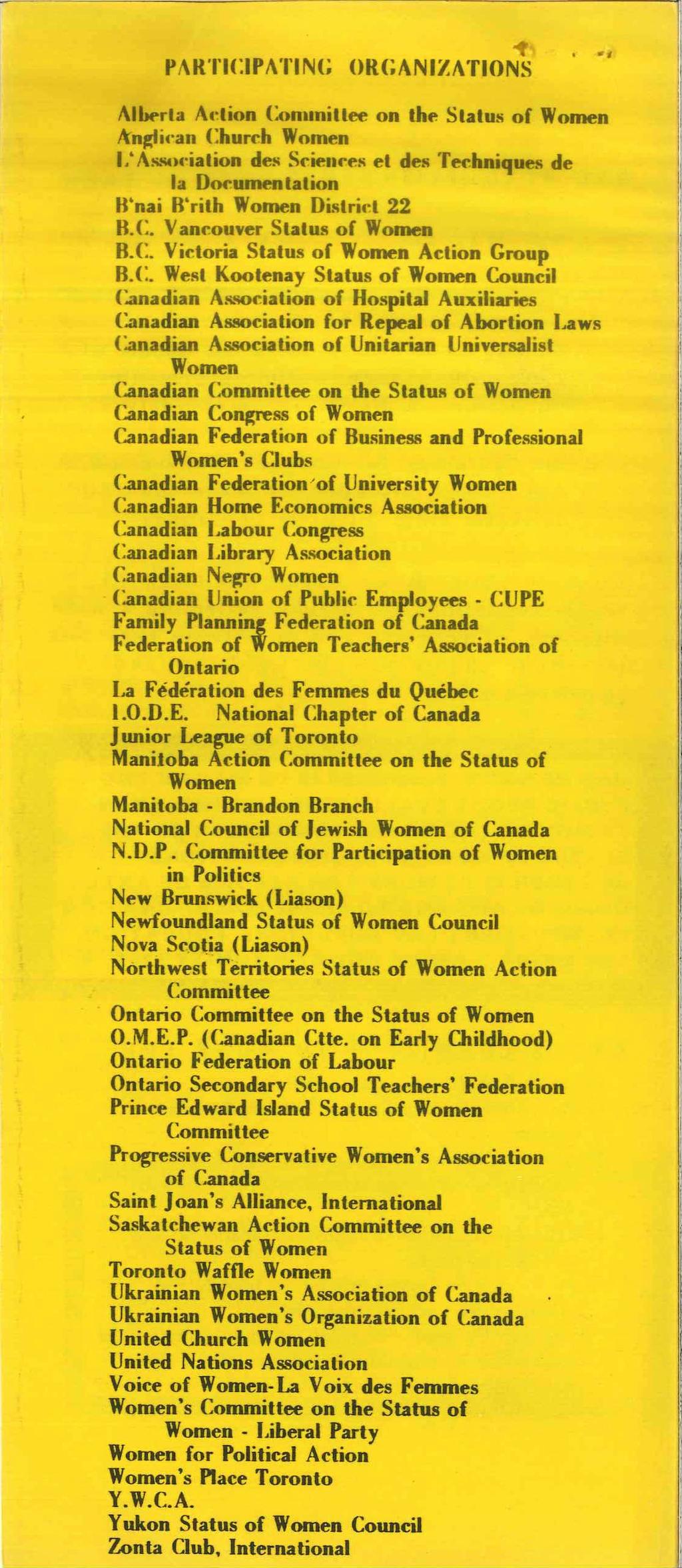 4I, PARTICIPATING ORGANIZATIONS Alberta Action Committee on the Status of Women Anglican Church Women I Association des Sciences et des Techniques de la Documentation B nai B'rith Women District 22 B.