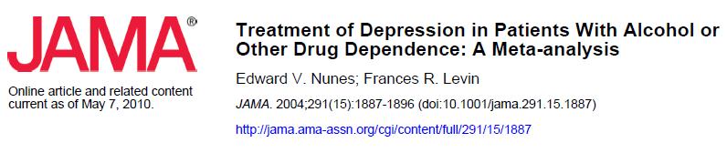 Management of Depression and SUD 14 placebo-controlled trials of antidepressant medications DSM diagnosed patients with depression Alcohol, cocaine, opioids Hamilton Depression Scale (Ham-D) ES=0.