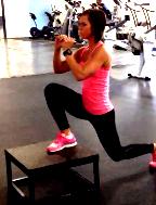 Lunge back with left leg and touch left foot down to the floor, up on toes with a bend in the knee.