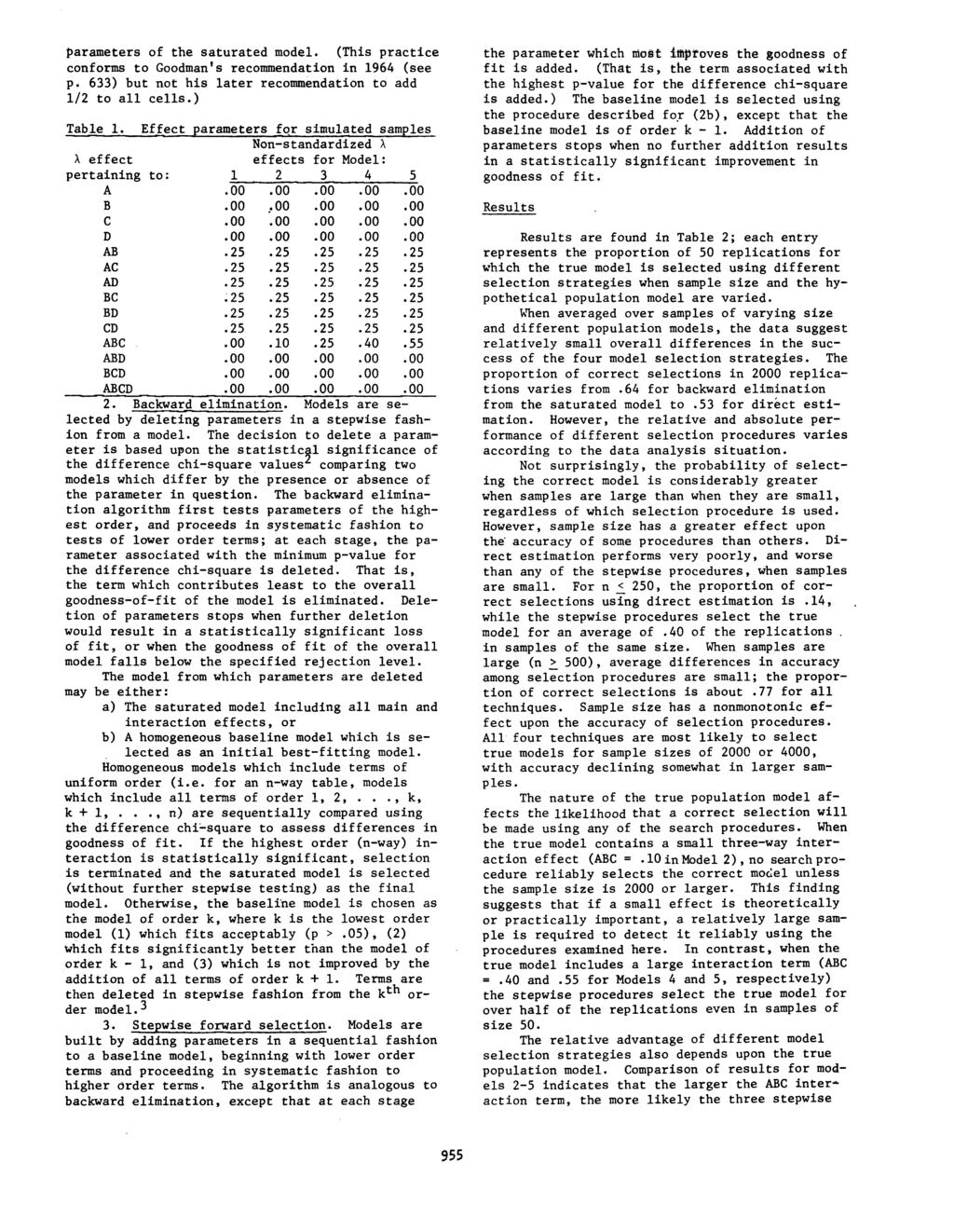 parameters of the saturated model. (This practice conforms to Goodman's recommendation in 1964 (see p. 633) but not his later recommendation to add 1/2 to all cells.) Table 1.