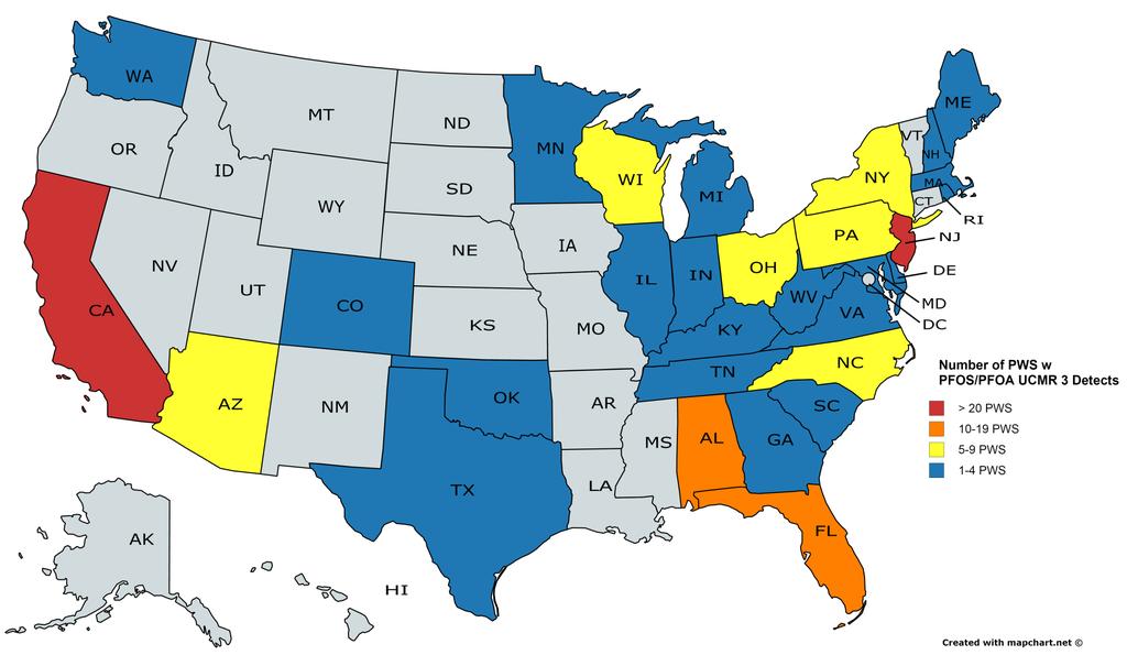 NCOD - 36 States with PWS Detections of PFOS