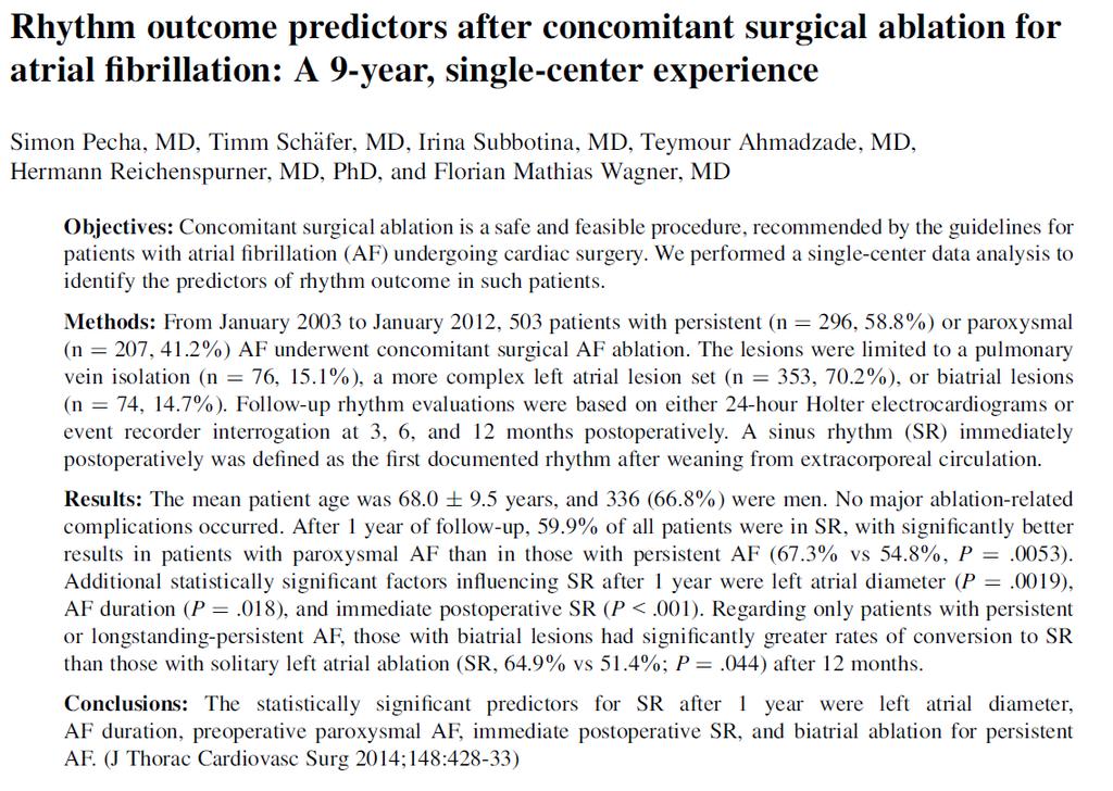 The statistically significant predictors for SR after 1 year were left atrial diameter, AF