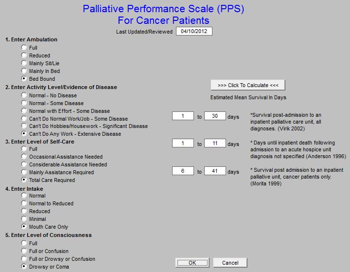 The Palliative Performance Scale for Cancer Patients is found on the same template. This score s results are expressed in survival time from the point of admission to hospice.