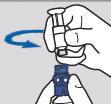 Place vial on table. Firmly press the blue transfer guard onto vial. Push and hold plunger down. 6. 7. 8. With your thumb still on the plunger, flip over so vial is on top.