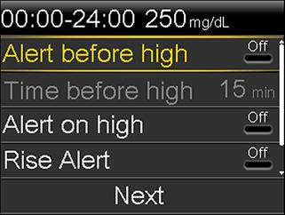 7. Set the following alerts as desired: a. Select Alert before high if you want to receive an alert before you reach your high limit. b. If you turned on Alert before high, enter the Time before high to set how soon you want to be alerted before reaching your high limit.