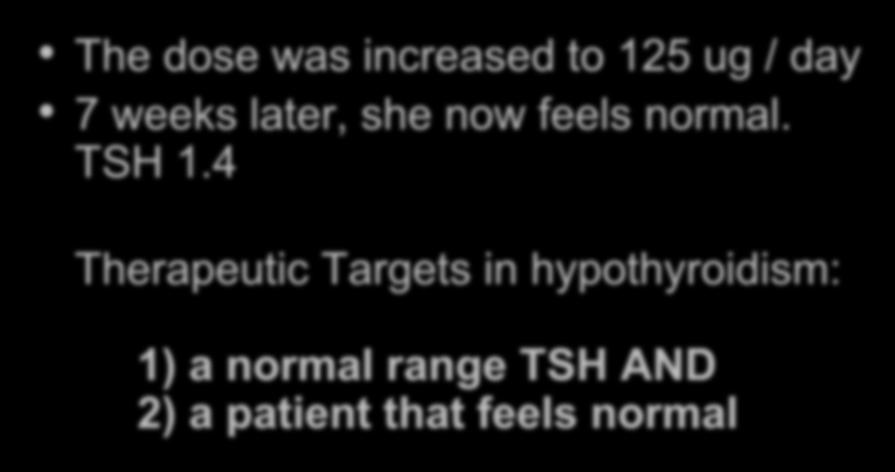 Case 1: Follow-up The dose was increased to 125 ug / day 7 weeks later, she now feels normal.