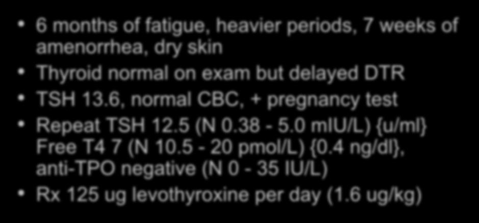 Case 3: 36 female, prenatal visit 6 months of fatigue, heavier periods, 7 weeks of amenorrhea, dry skin Thyroid normal on exam but delayed DTR TSH 13.
