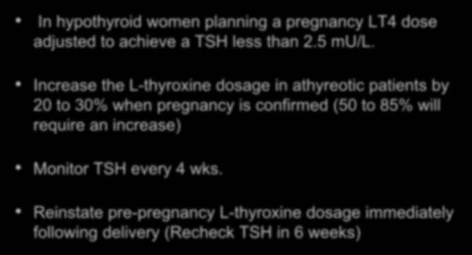 Clinical Guidelines for Treating Hypothyroidism Before and During Pregnancy In hypothyroid women planning a pregnancy LT4 dose adjusted to achieve a TSH less than 2.5 mu/l.
