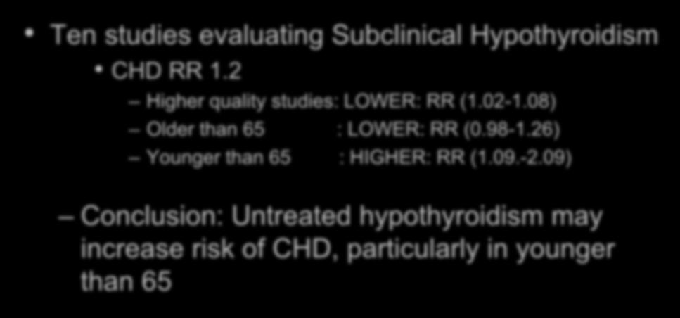 SUBCLINICAL HYPOTHYROIDISM METANALYSES CHD and Mortality Ten studies evaluating Subclinical Hypothyroidism CHD RR 1.2 Higher quality studies: LOWER: RR (1.02-1.