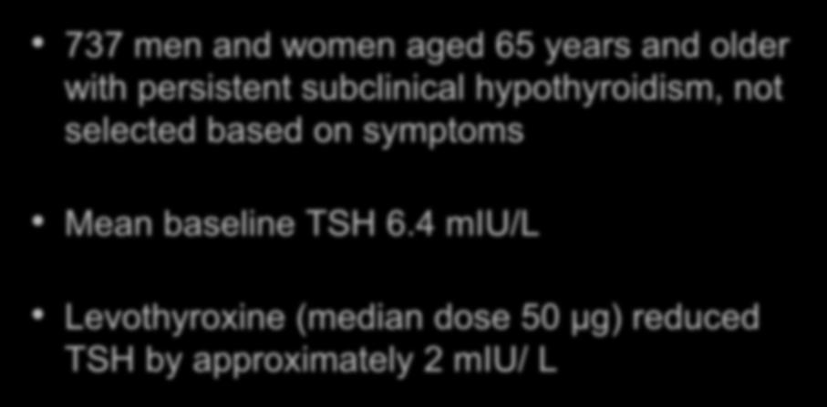 Summary of findings TRUST Trial RCT of levothyroxine versus placebo 737 men and women aged 65 years and older with persistent subclinical hypothyroidism, not