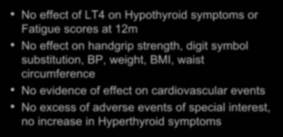 Summary of findings TRUST Trial RCT of levothyroxine versus placebo No effect of LT4 on Hypothyroid symptoms or Fatigue scores at 12m No effect on handgrip strength, digit symbol substitution, BP,