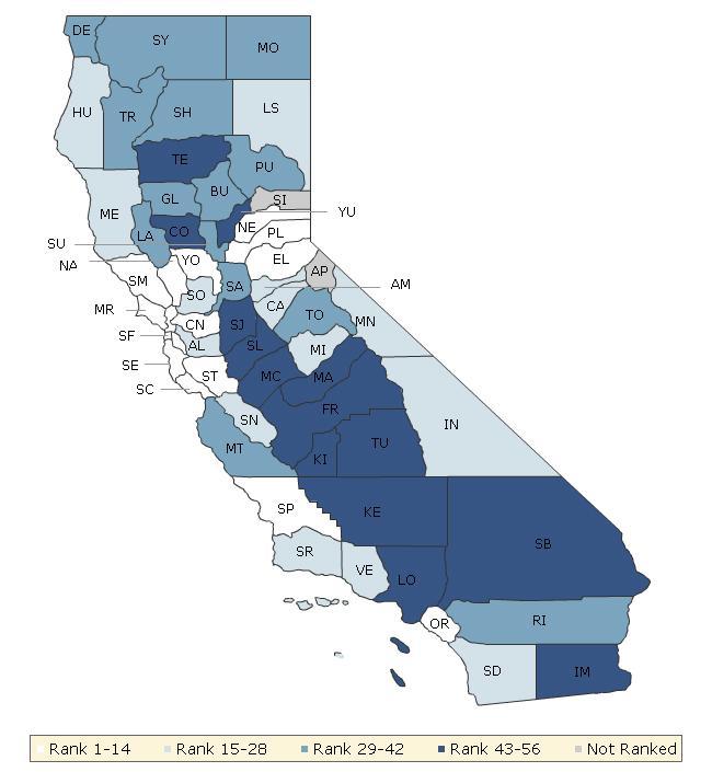 The maps on this page display California s counties divided into groups by health rank. The lighter colors indicate better performance in the respective summary rankings.