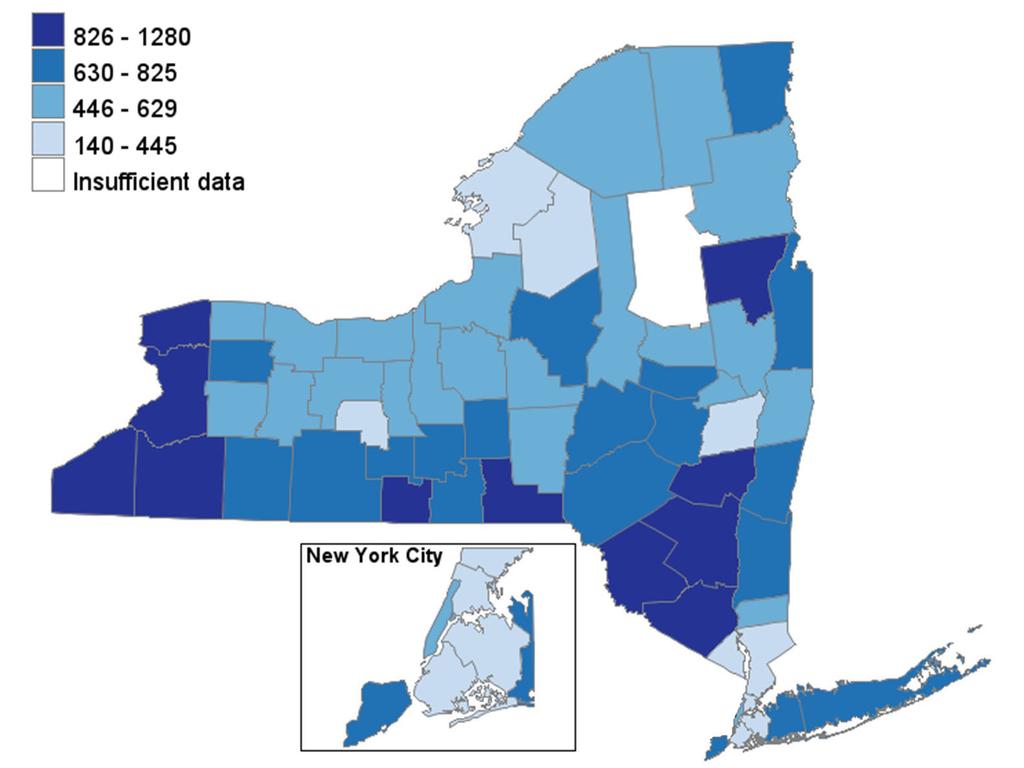 Counties with Highest Opioid Prescribing Cluster in Western and Hudson Valley Regions of New York State MMEs Prescribed Per Capita, 2015 SOURCE: Guy GP Jr., Zhang K, Bohm MK, et al.
