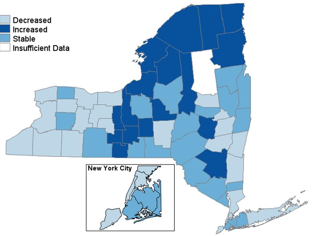 New York State Counties with Increases in Opioid Prescribing since 2010 Clustered in Central and Northern Regions Change* in MMEs Prescribed Per Capita, 2010-2015 * Among counties with sufficient