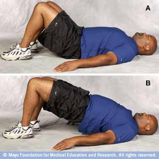 Bridge To work various core muscles in combination, try a bridge: Lie on your back with your knees bent (A). Keep your back in a neutral position, not arched and not pressed into the floor.