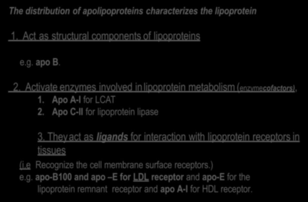 Apolipoproteins carry out several roles: The distribution of apolipoproteins characterizes the lipoprotein 1. Act as structural components of lipoproteins e.g. apo B. 2.