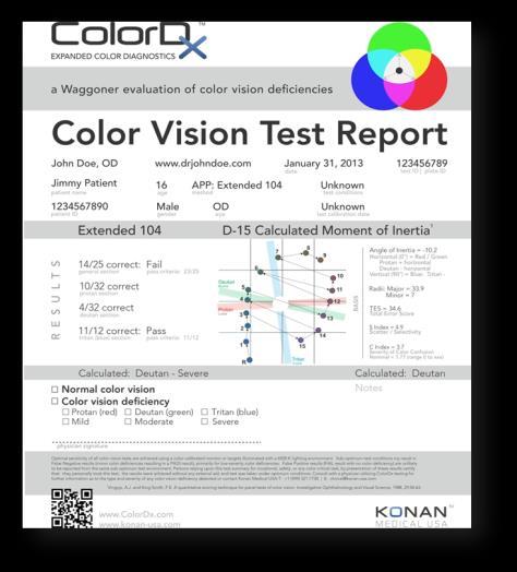 ColorDx Color Vision Diagnostics Software scores the examination and then plots the test results Extended Adult Adaptive Evaluation General - (26 plates) 10-20 minute test time Tritan - (12 plates)