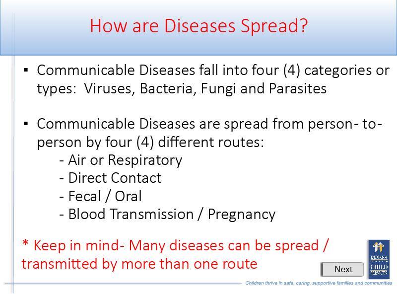 Slide 11 - Slide 11 Communicable Diseases fall into four categories or types including Viruses, Bacteria, Fungi and Parasites Communicable Diseases are spread from person to person by four