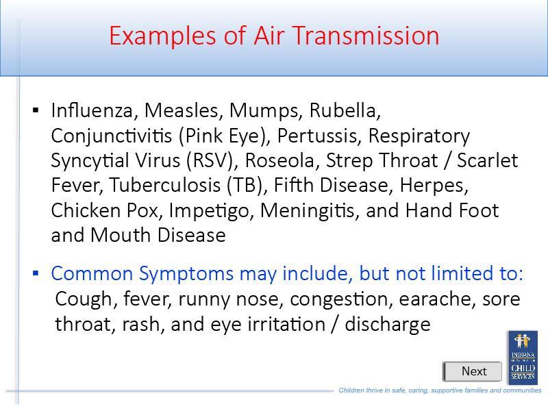 Slide 13 - Slide 13 Examples of air transmission include: Influenza, Measles, Mumps, Rubella, Conjunctivitis, Pertussis, Respiratory Syncytial Virus, Roseola, Strep Throat, Scarlet Fever,