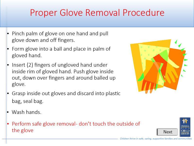 Slide 33 - Slide 33 The proper glove removal procedure includes the following steps: Pinch palm of glove on one hand and pull glove down and off fingers.