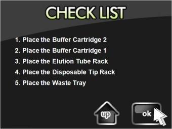 Verify the loaded every racks and buffer cartridges in the correct position on the