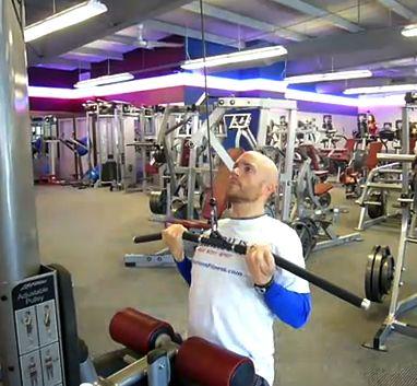 underhand grip, about shoulder width apart Pull the bar