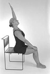 Modified Yoga Poses One arm stretch 1. Sit comfortably with knees bent and feet flat on the floor. Place hands on knees. 2. Lift your left arm up, stretching your back and lifting your chin.