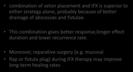 combination of seton placement and IFX is superior to either strategy alone, probably because of better drainage of abscesses and fistulae.