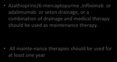 Continuing therapy for perianal Crohn's disease Azathioprine/6-mercaptopurine,infliximab or adalimumab or seton drainage, or a