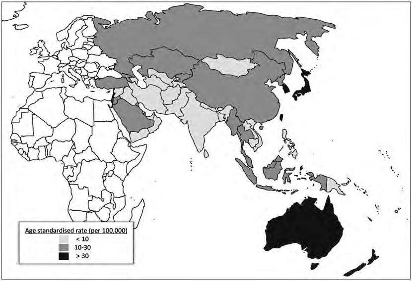 Colorectal cancer in Asia cancer per 100 000 men is 41.6 in Singapore, 41.7 in Japan and 46.9 in South Korea, exceeding that of 36.2 in the UK.