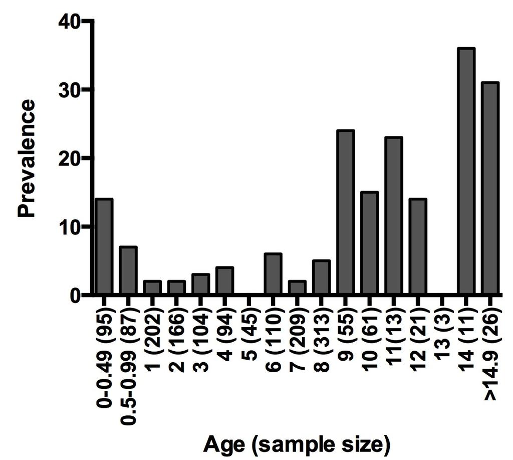 Figure 1.3: RVF Seroprevalence by age of buffalo. Age is shown on the x-axis and prevalence for that age category on the y-axis. Generally seroprevalence increases with age (p<0.
