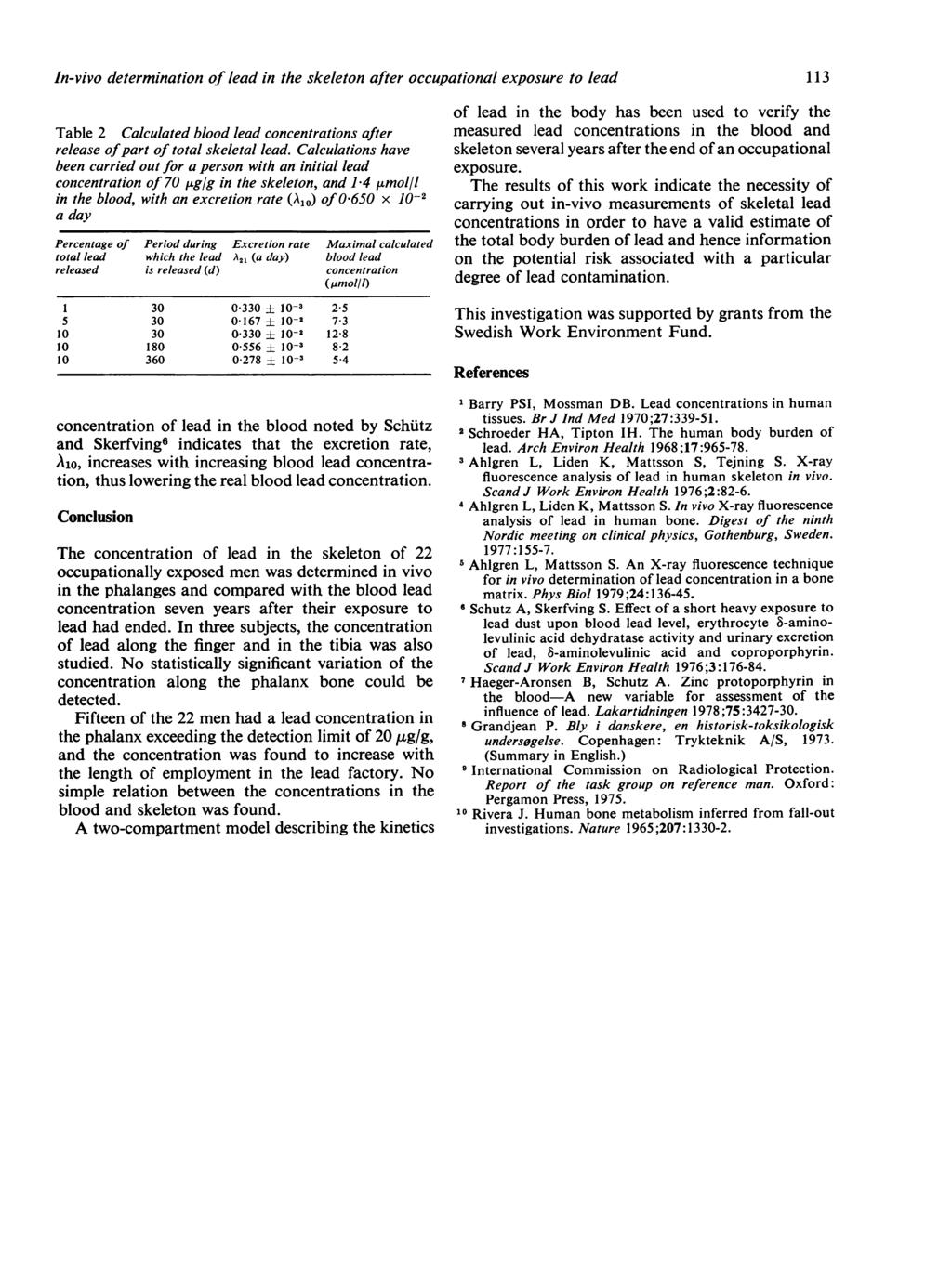 In-vivo determination of lead in the skeleton after oupational exposure to lead Table 2 Calulated blood lead onentrations after release ofpart of total skeletal lead.