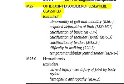 ICD-10 examples M25 Other joint disorder, not elsewhere