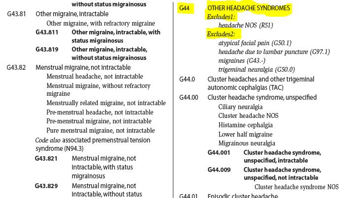 Sample Note Exam findings are consistent with cervical sprain/strain and acute cephalgia. The patient was the driver in a motor vehicle accident. In the Tabular List, we find: G44.