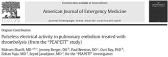Much controversy though and emerging CDT evidence Young healthy pt, submassive PE, + trop, + RV > LV: not sure what s best, my bias is lytic Am J Emerg Med 2016;34:1963-7 Is TPA effective in PEA