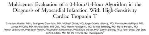 2% had AMI Divided pts into 3 groups Used a 0 hour and a 1 hr troponin Annals of Emerg Med 2016;68:76-87 Can a 0 and 1 hour delta troponin rule out protocol using High Sensitivity Troponin T