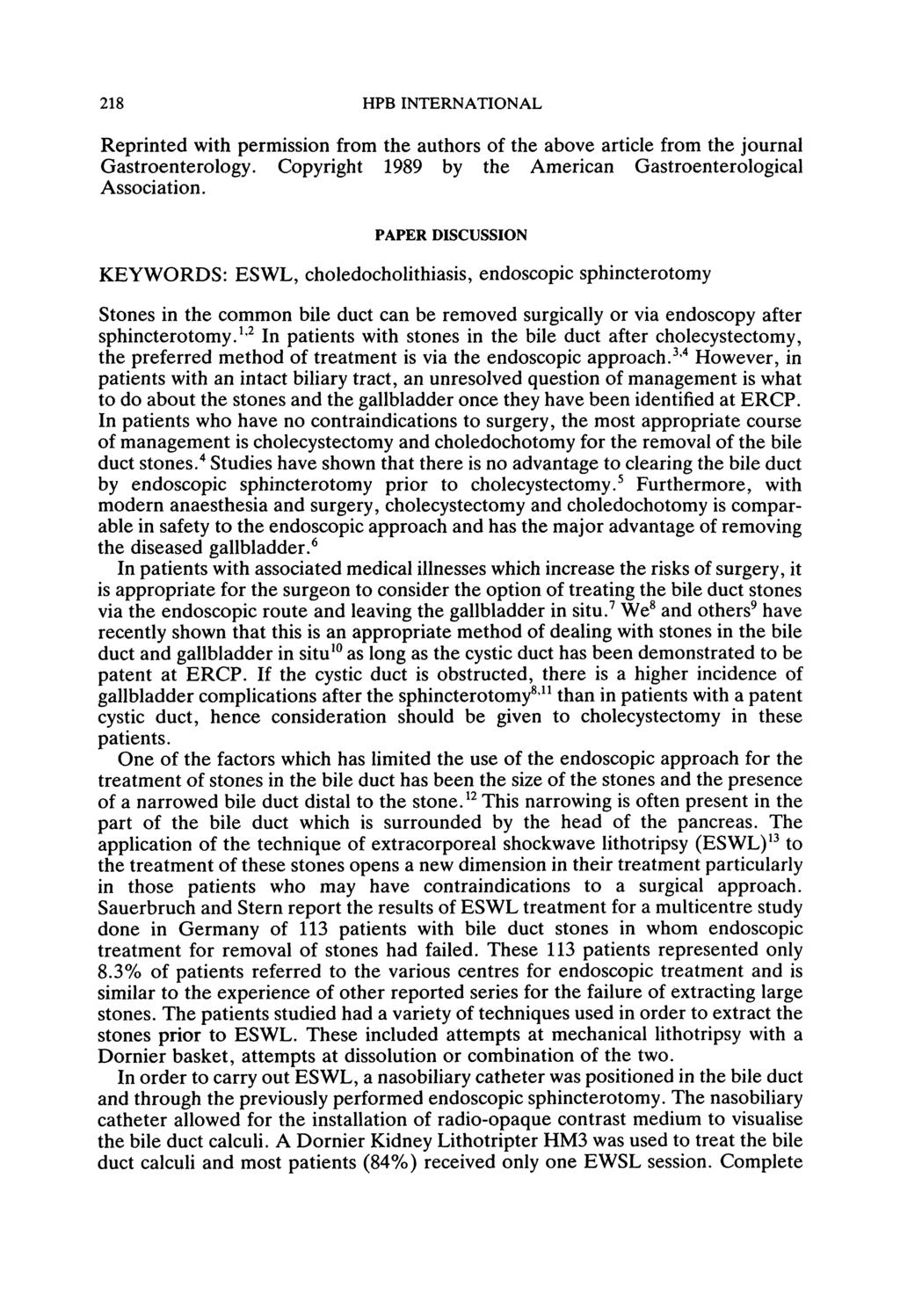 218 HPB INTERNATIONAL Reprinted with permission from the authors of the above article from the journal Gastroenterology. Copyright 1989 by the American Gastroenterological Association.