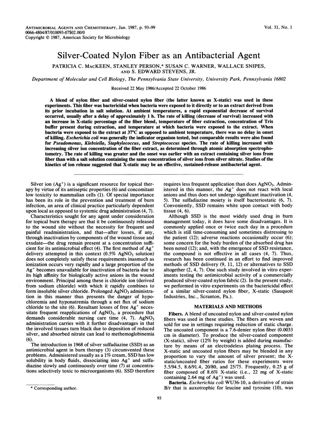 ANTIMICROBIAL AGNTS AND CHMOTHRAPY, Jan. 1987, p. 93-99 Vol. 31, No. 1 66-484/87/193-7$2.