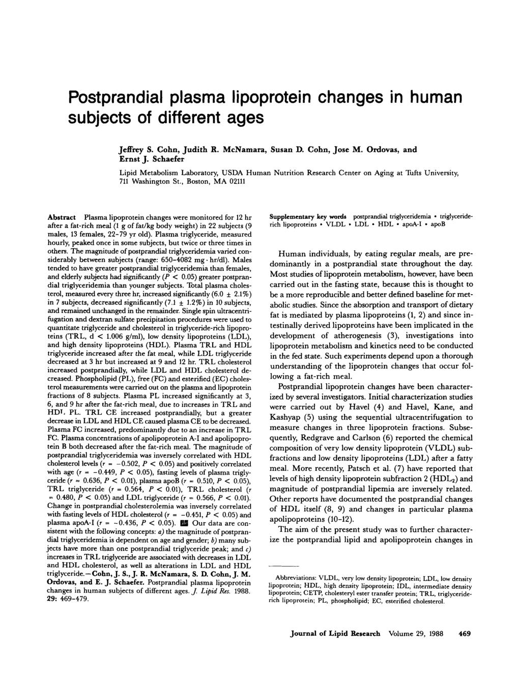 Postprandial plasma lipoprotein changes in human subjects of different ages Jeffrey S. Cohn, Judith R. McNamara, Susan D. Cohn, Jose M. Ordovas, and Ernst J.