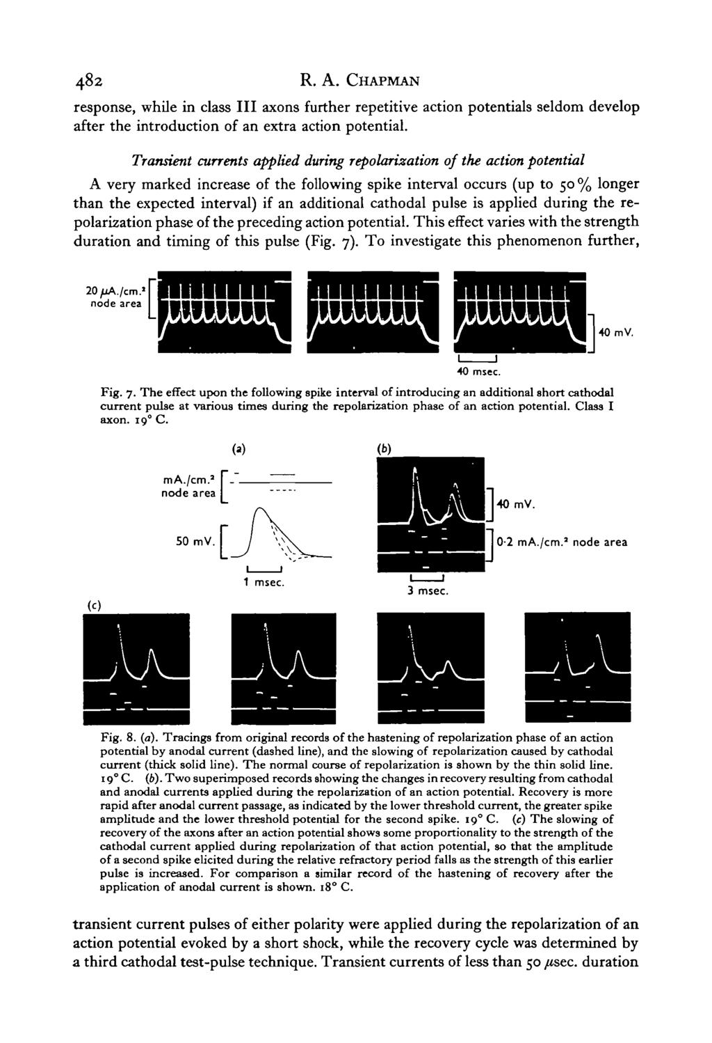 482 R. A. CHAPMAN response, while in class III axons further repetitive action potentials seldom develop after the introduction of an extra action potential.